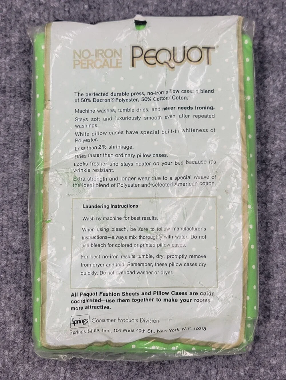 Vintage Pequot No Iron Percale Pillow Cases Green & White Polka-dot Sealed 20×26